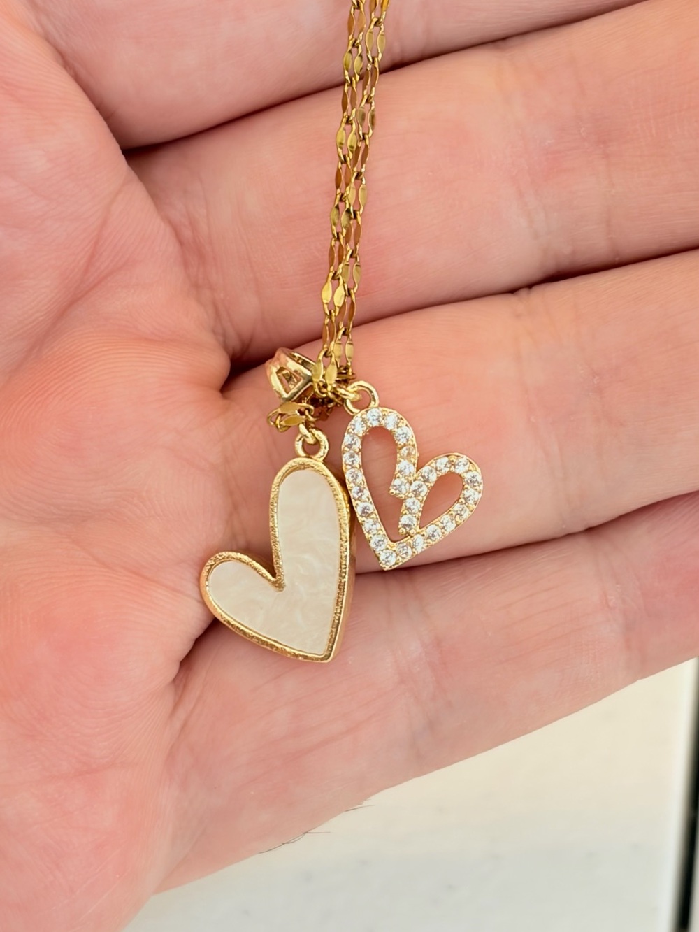 Double Gold Heart Pendant Necklace. - Picture 3 of 7